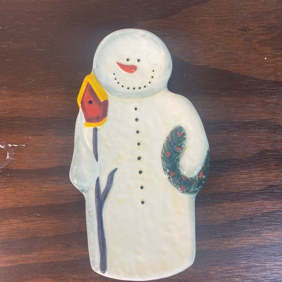 Handpainted Snowman Chip Dip Ceramic Pottery Serving Tray / Tabletops - Picture 1 of 4